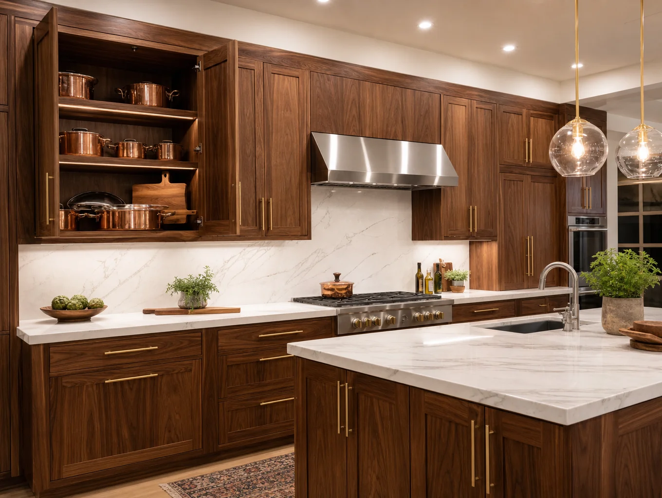 Detailed handcrafted kitchen cabinets and timber island