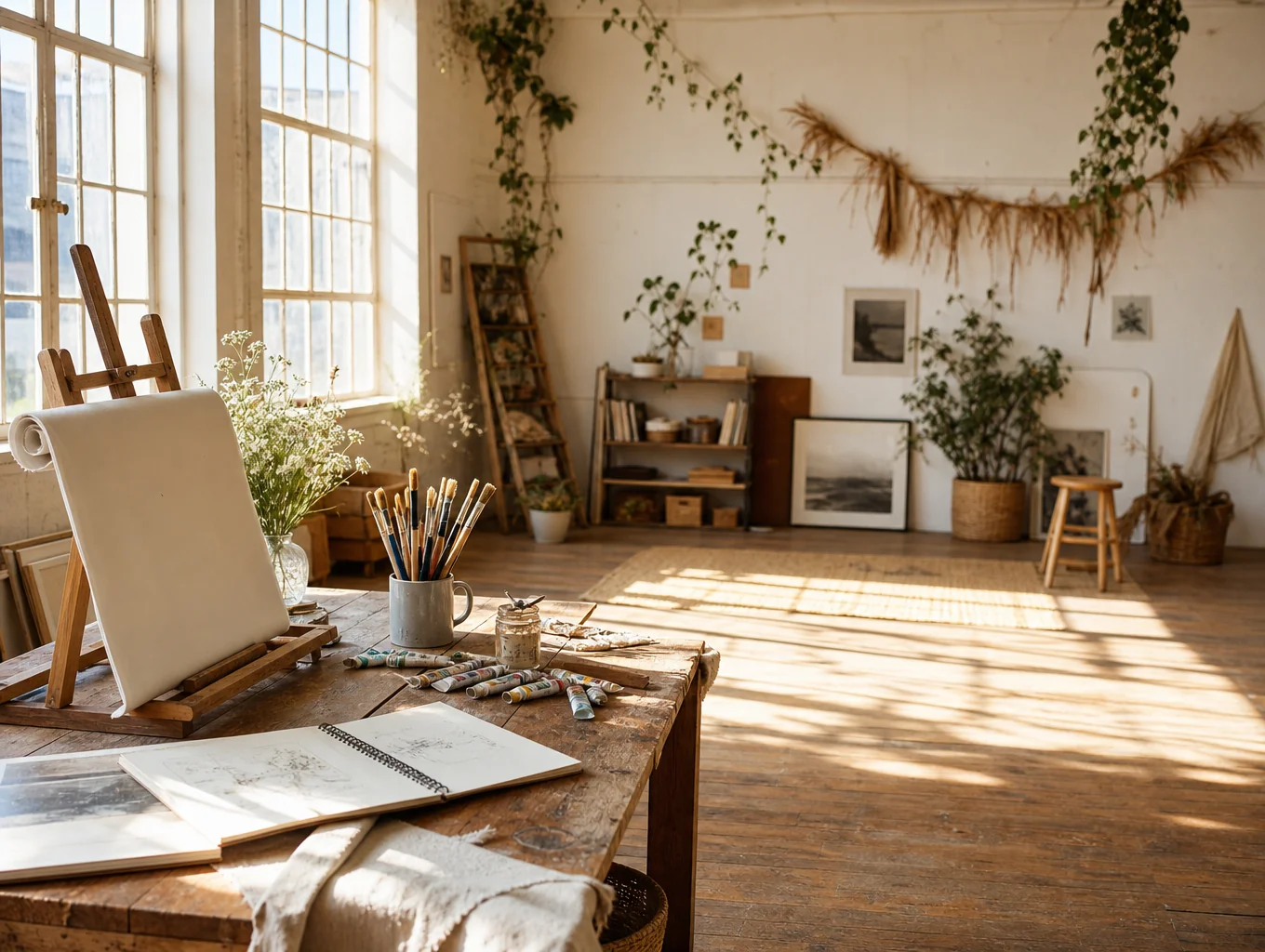 Spacious garden art and music studio with skylights and floor-to-ceiling windows