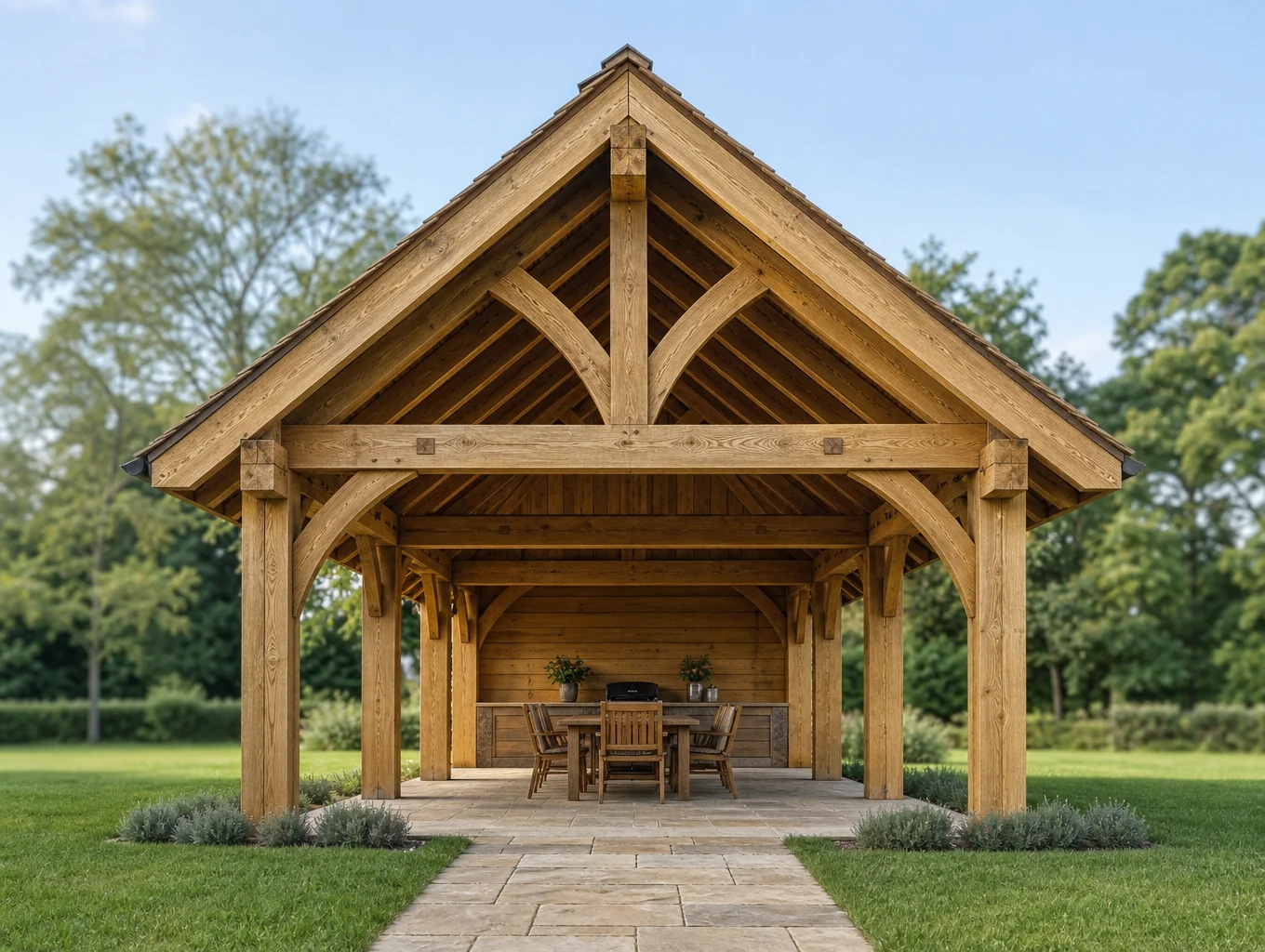 Traditional timber summerhouse pavilion surrounded by manicured landscaping