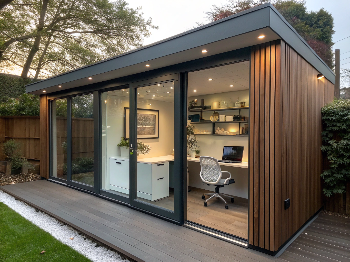 Contemporary garden office studio with desk setup, hardwood flooring, and garden view
