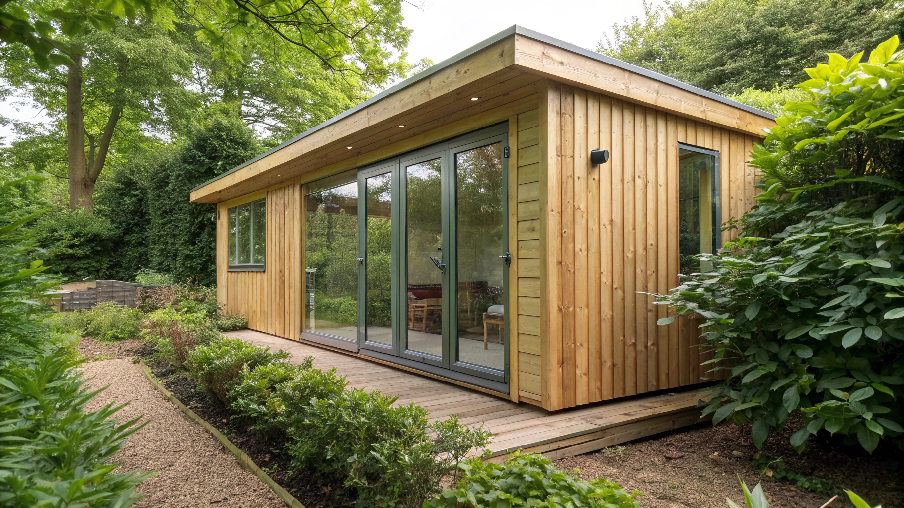 Modern insulated timber garden room with large glass sliding doors and deck