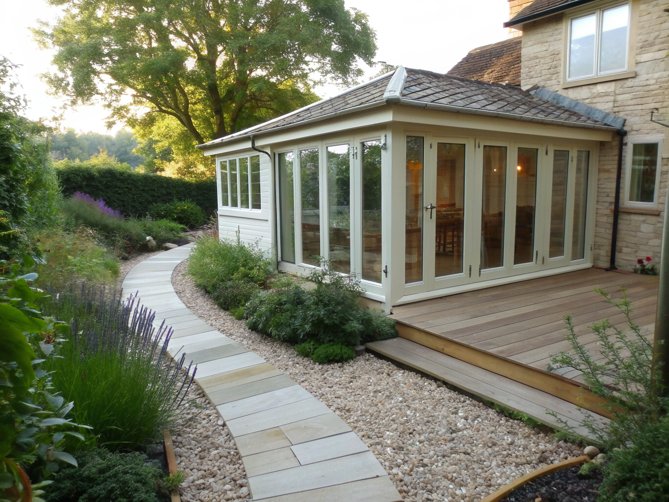 Contemporary timber garden room studio with outdoor decking and architectural lighting