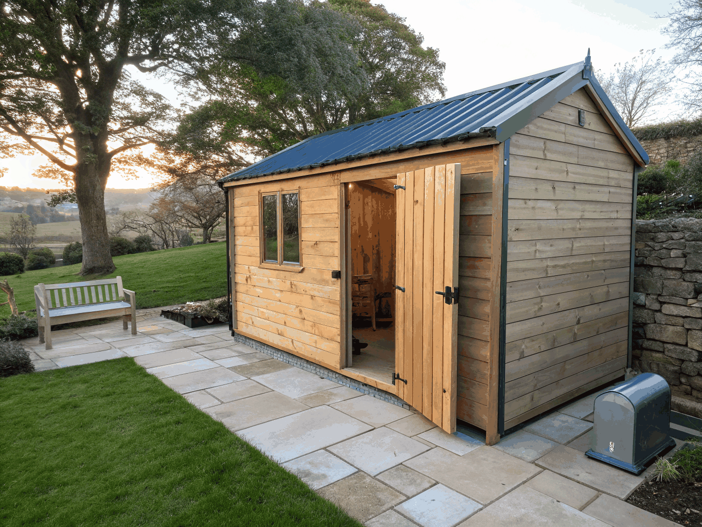Architectural garden storage shed with secure composite cladding and integrated shelving