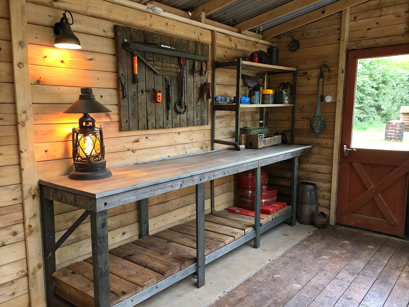 Craftsman woodworking workshop building with reinforced concrete base and heavy-duty benches