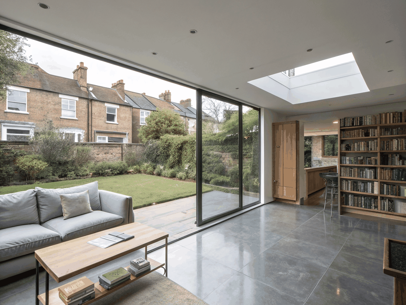 Architectural rear house extension with expansive glazing and open living area
