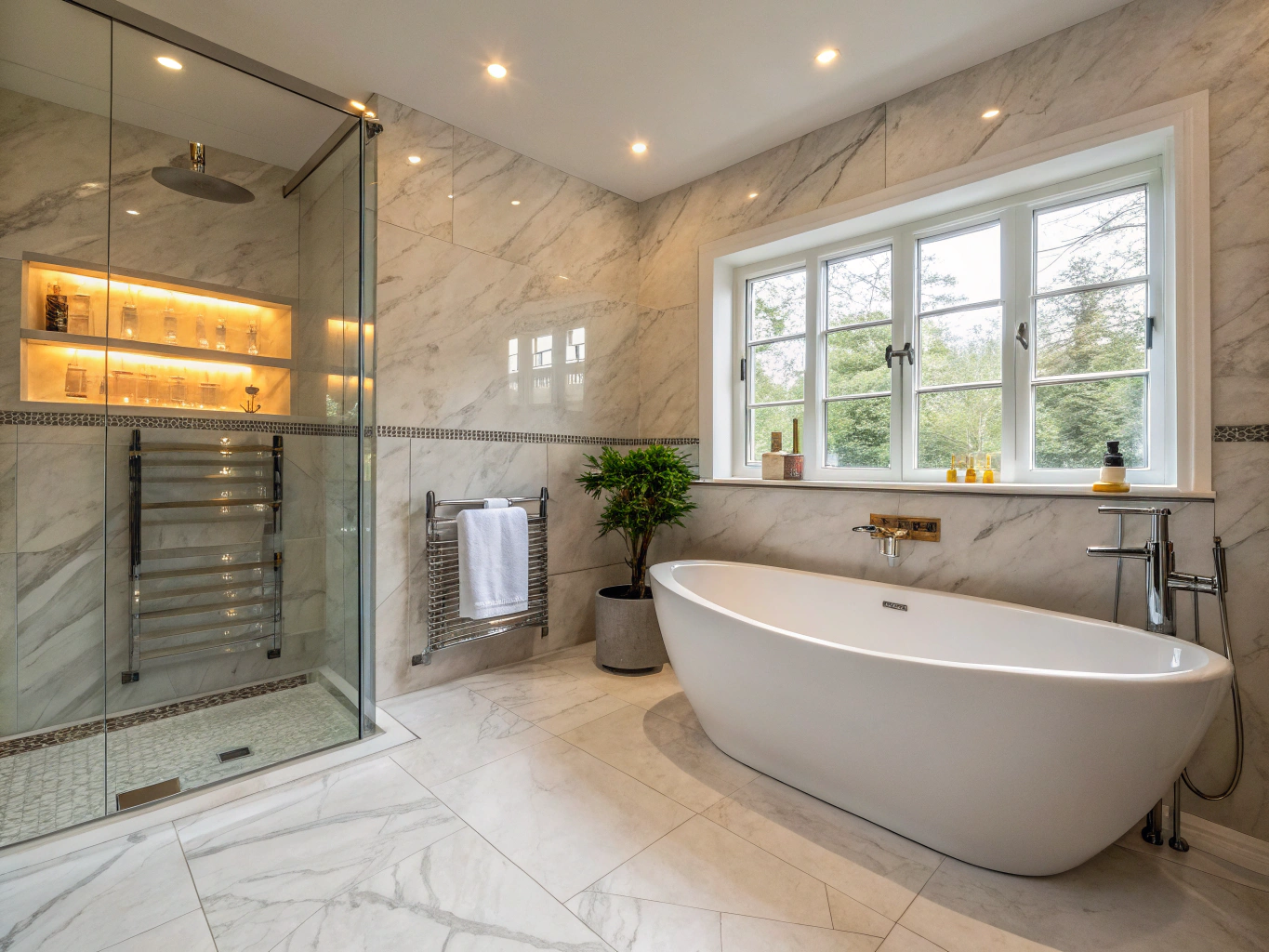 Luxury master bathroom suite with freestanding bathtub and walk-in shower