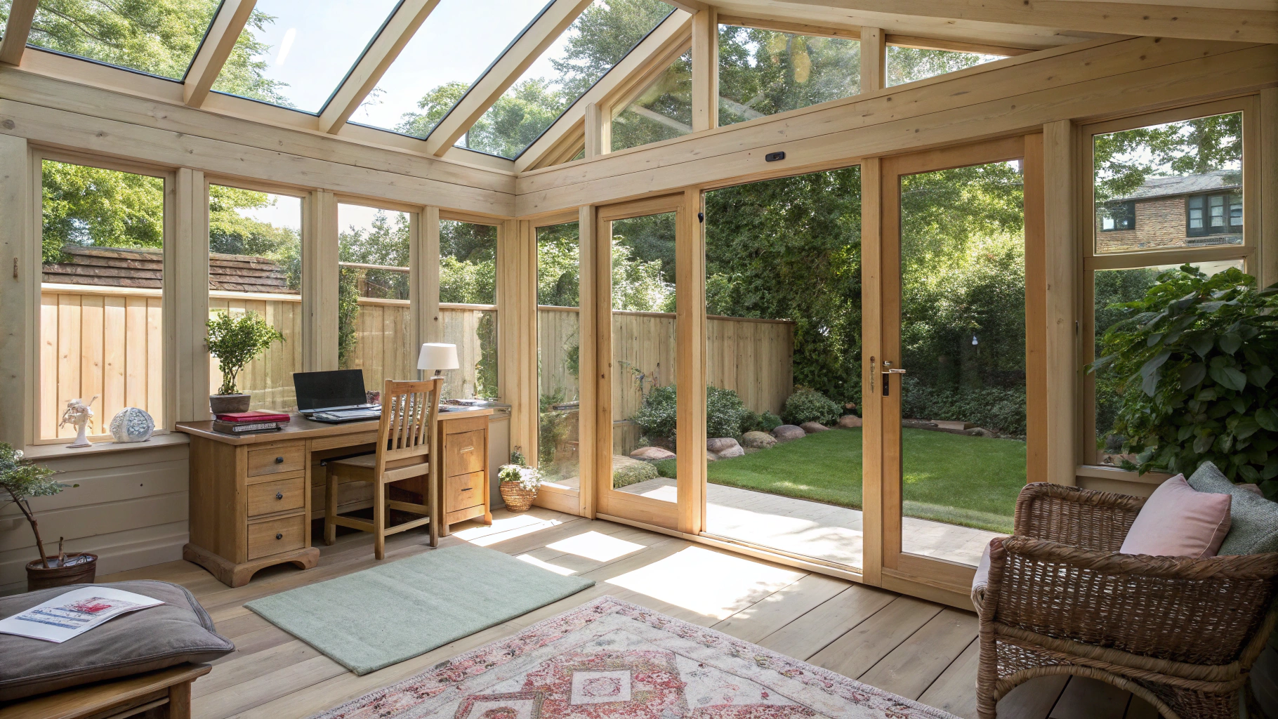 Modern architect-designed timber garden room with glass doors and warm interior lighting