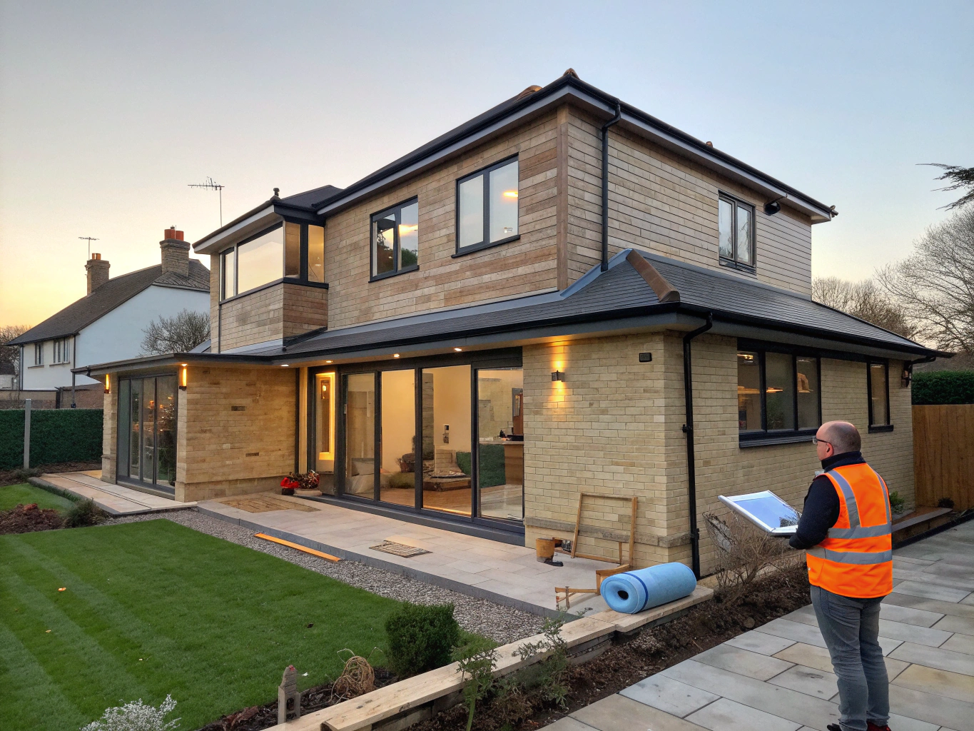 Completed luxury home extension and loft conversion at golden hour
