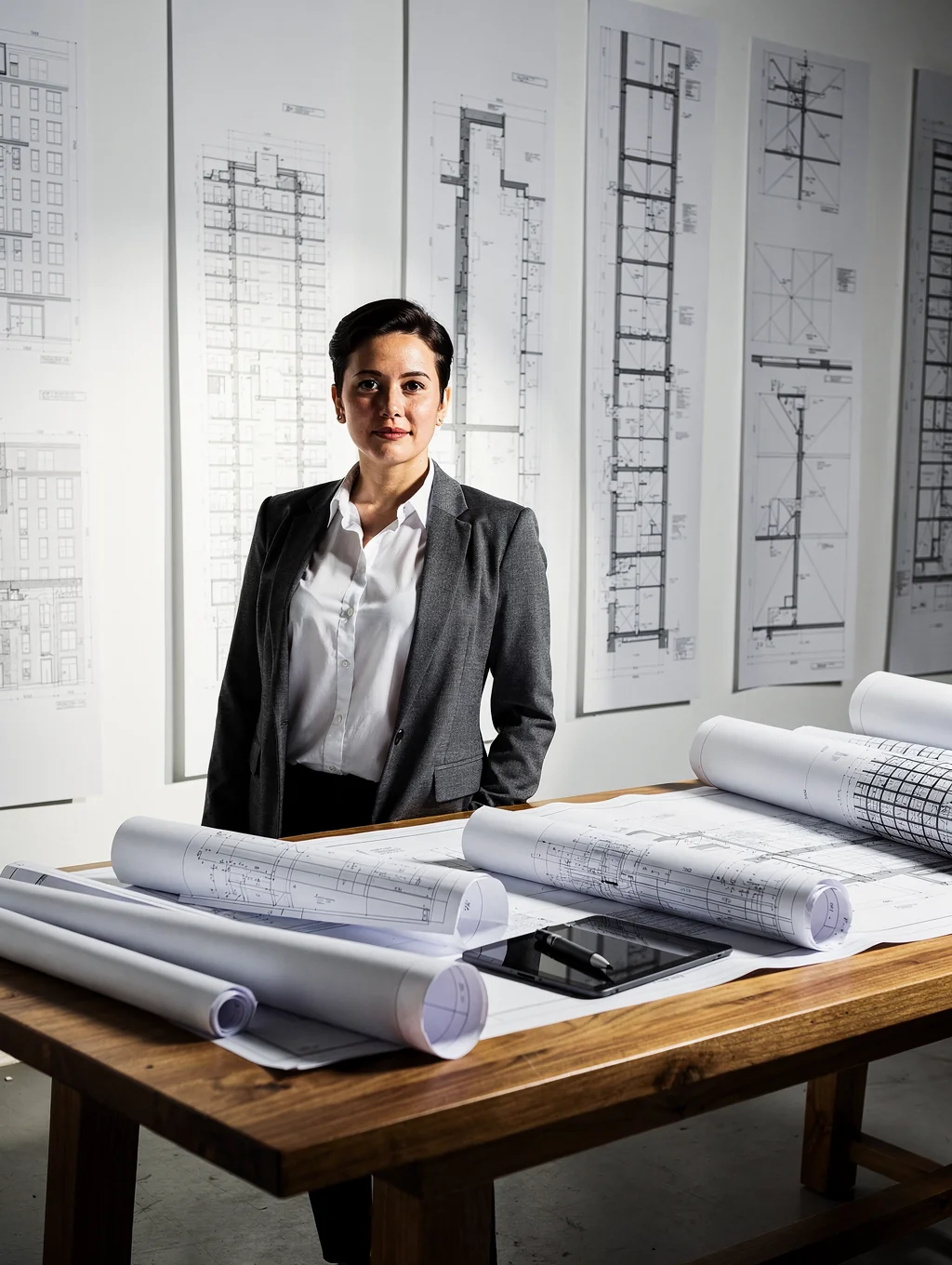 Portrait of Elena Rossi, Project Architect at Prestige Construction