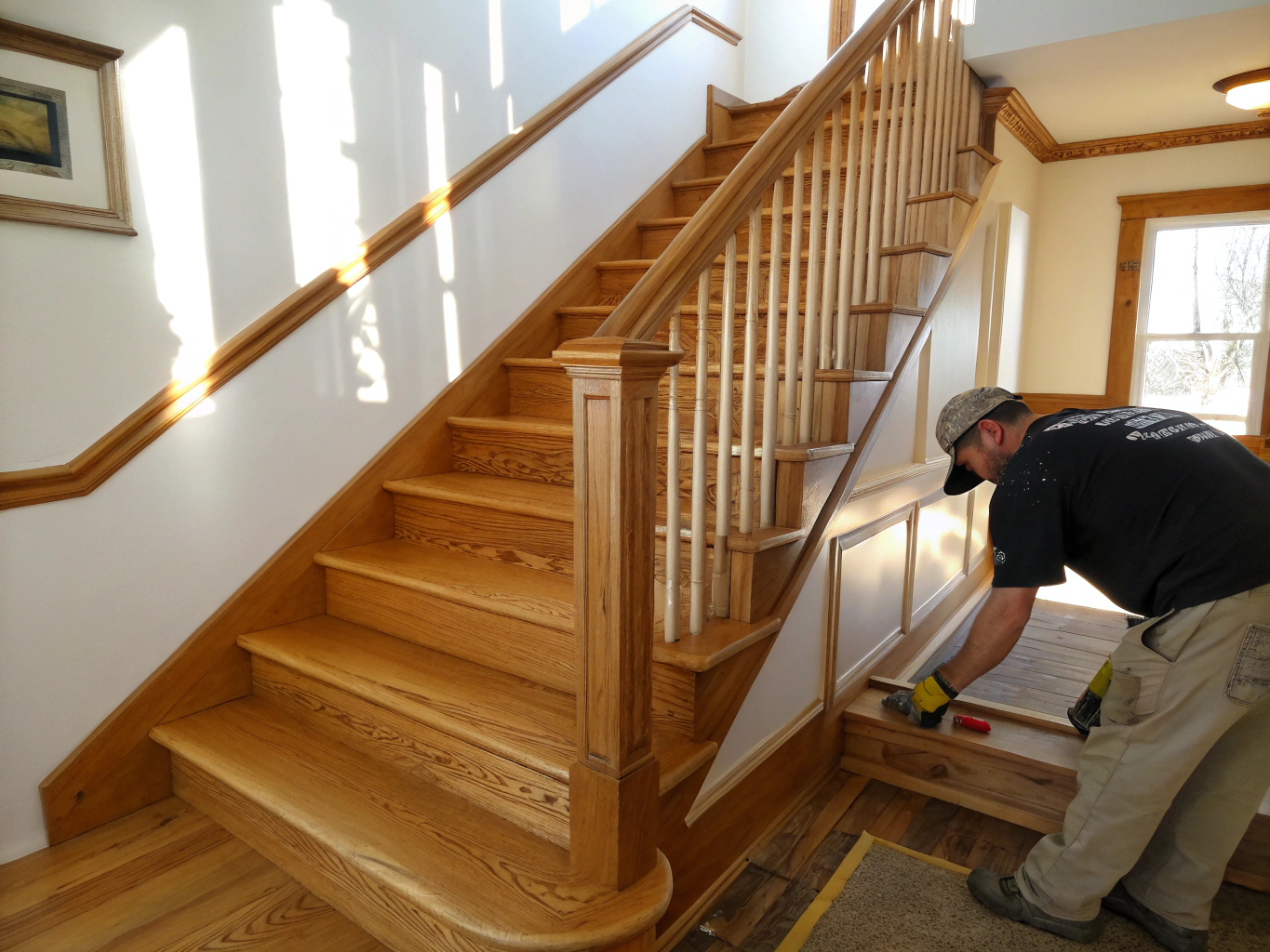 Restored oak staircase with crafted spindles