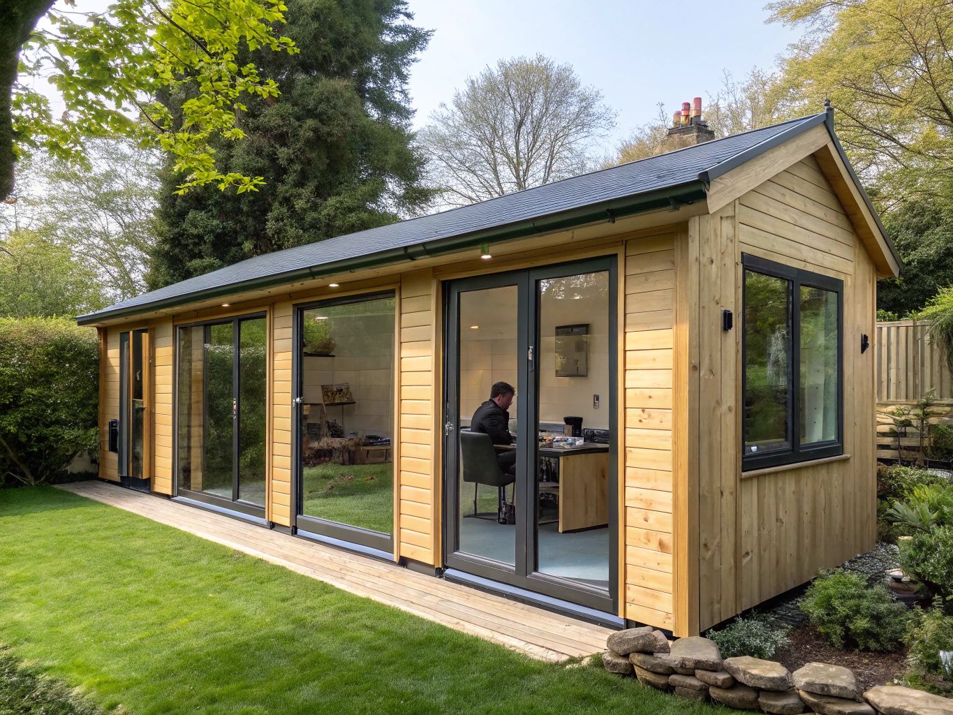 Insulated timber garden office with floor to ceiling glass panels