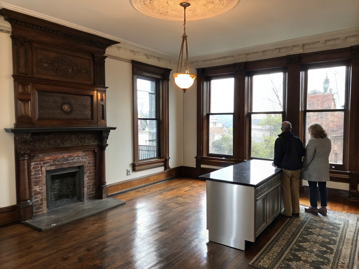 Contemporary renovated Victorian living room with restored features