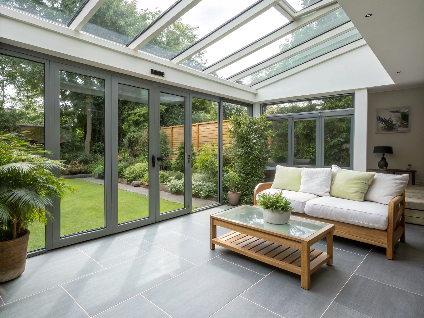 Open plan rear house extension with steel framed glass doors