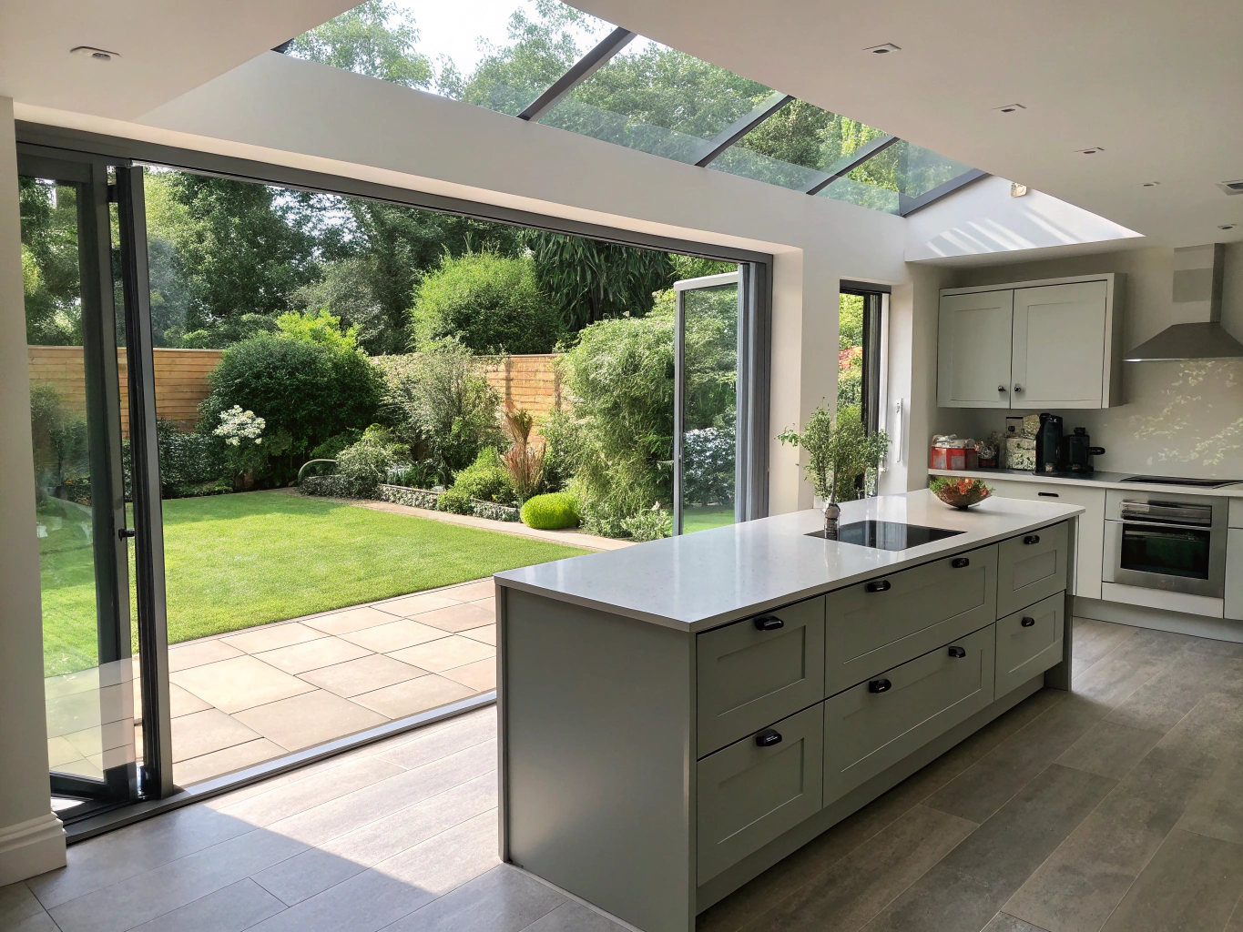 Contemporary open plan kitchen extension with bifold doors