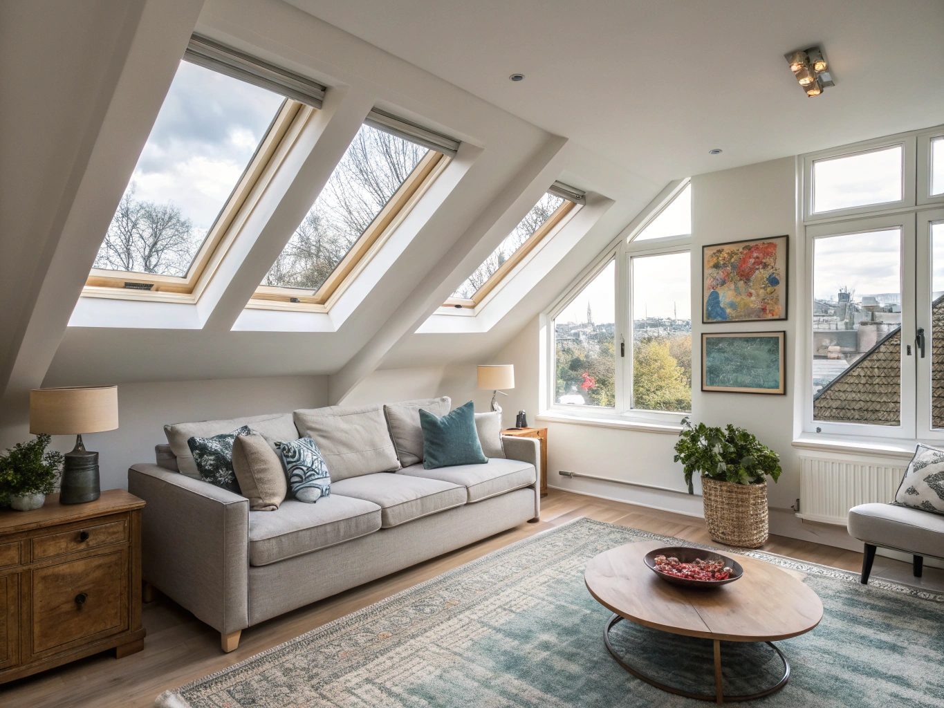Bright modern loft conversion with skylights and timber flooring