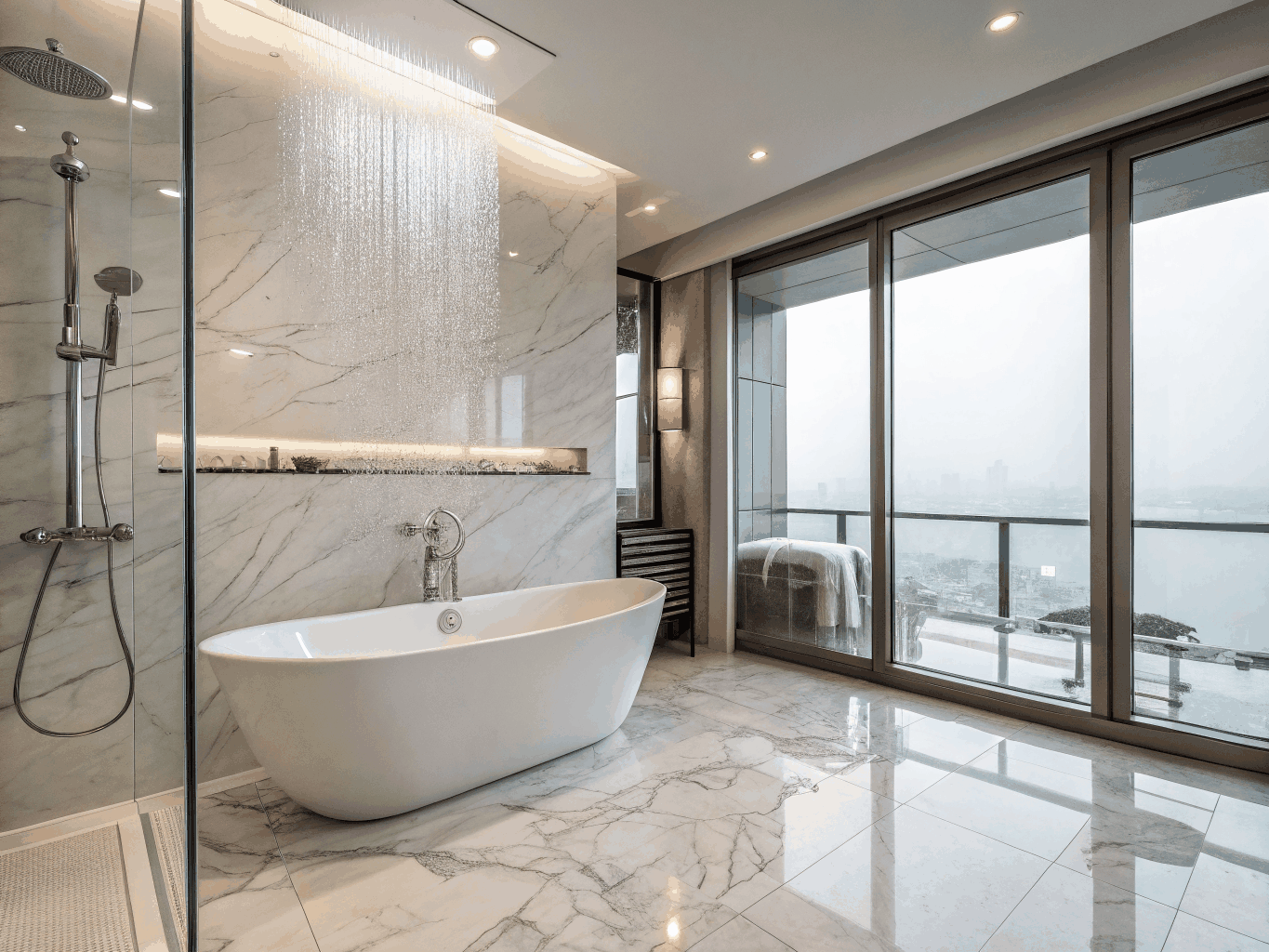 Modern walk-in shower and freestanding bath setup