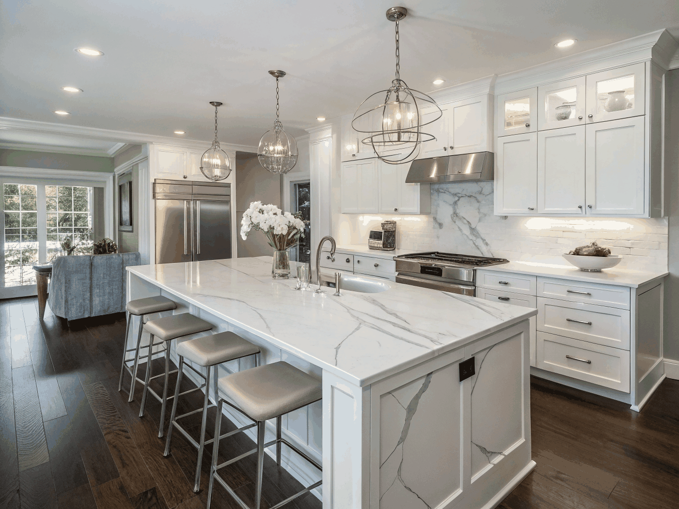 Modern bespoke kitchen installation with marble island and recessed lighting